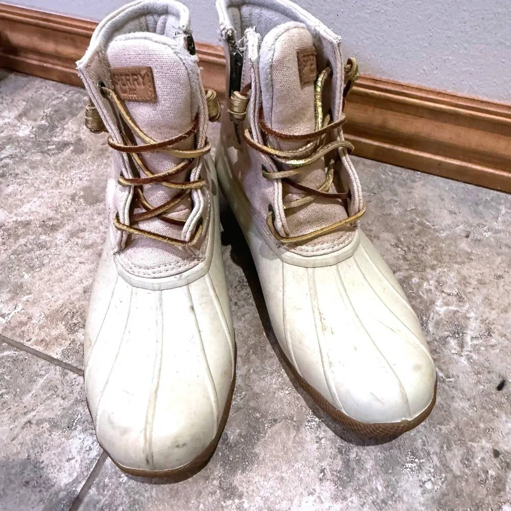 Sperry‎ Women's Duck Boots Waterproof Cream Tan Lace Up Zip Size 7.5